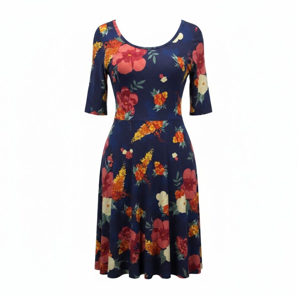 NWT LuLaRoe Nicole Dress 3XL Blue Floral A-Line Stretch Midi Plus Size Pockets